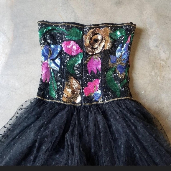 Vintage 80s Party Ball Gown Sequins Tulle - Picture 2 of 8